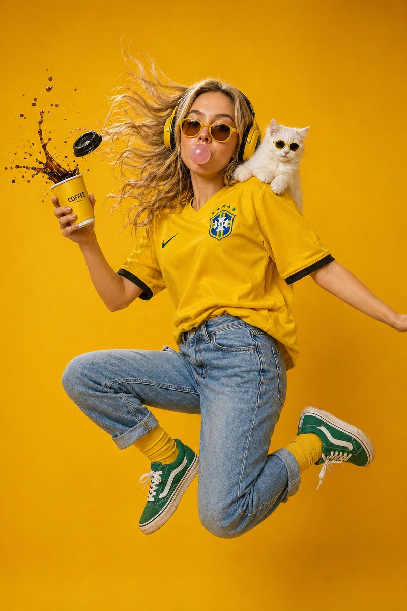 A playful, surreal studio portrait of a {argument name="subject" default="young woman"} mid-jump against a solid {argum…