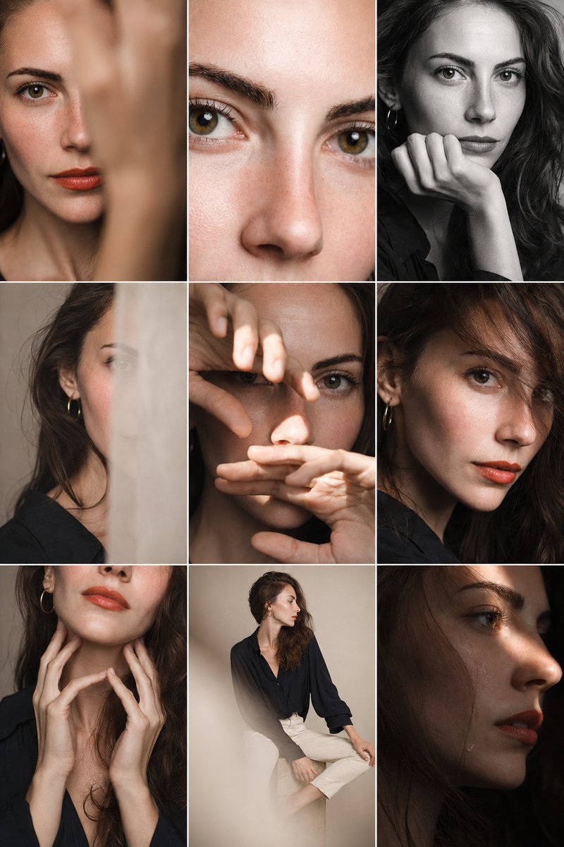 Editorial 3x3 photo grid in a clean {argument name="studio style" default="soft beige studio"}. Character (matches refe…