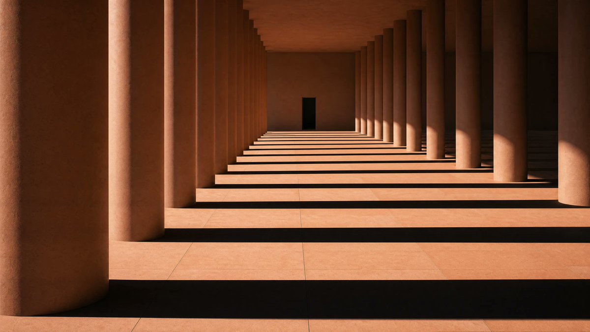A minimalist architectural photograph of a long terracotta-colored colonnade with exactly 2 parallel rows of massive cy…