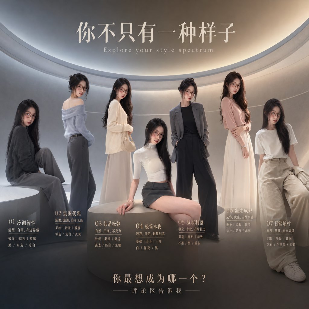 {"type":"fashion style spectrum poster","language":"Chinese with small English subtitle","scene":{"setting":"minimalist…
