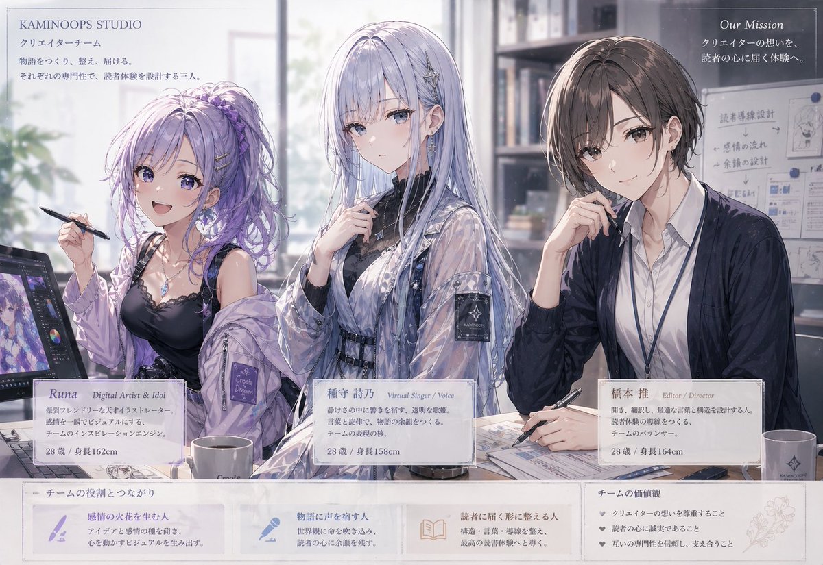 A polished anime-style corporate team illustration in a bright modern creative studio, featuring exactly 3 seated women…