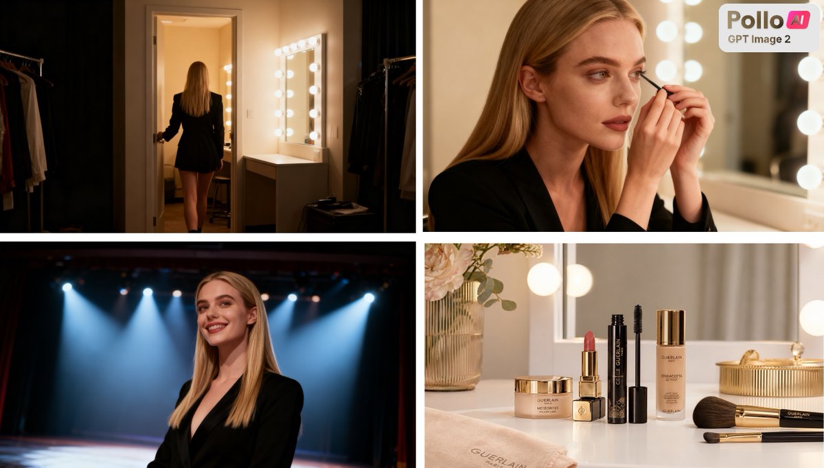 {"type":"four-panel cinematic beauty ad storyboard","style":"luxury cosmetics campaign, warm editorial photography, sof…