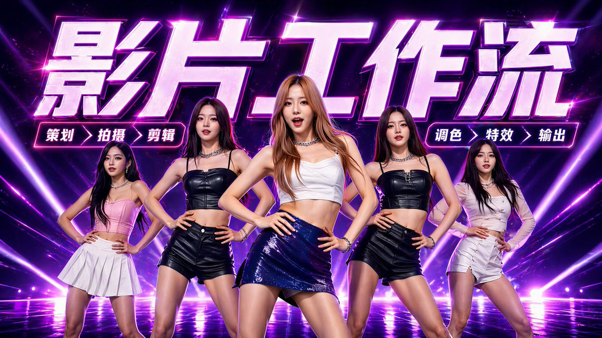 A high-energy cyberpop promotional poster for an AI video workflow, featuring 5 young female dance performers in a conf…