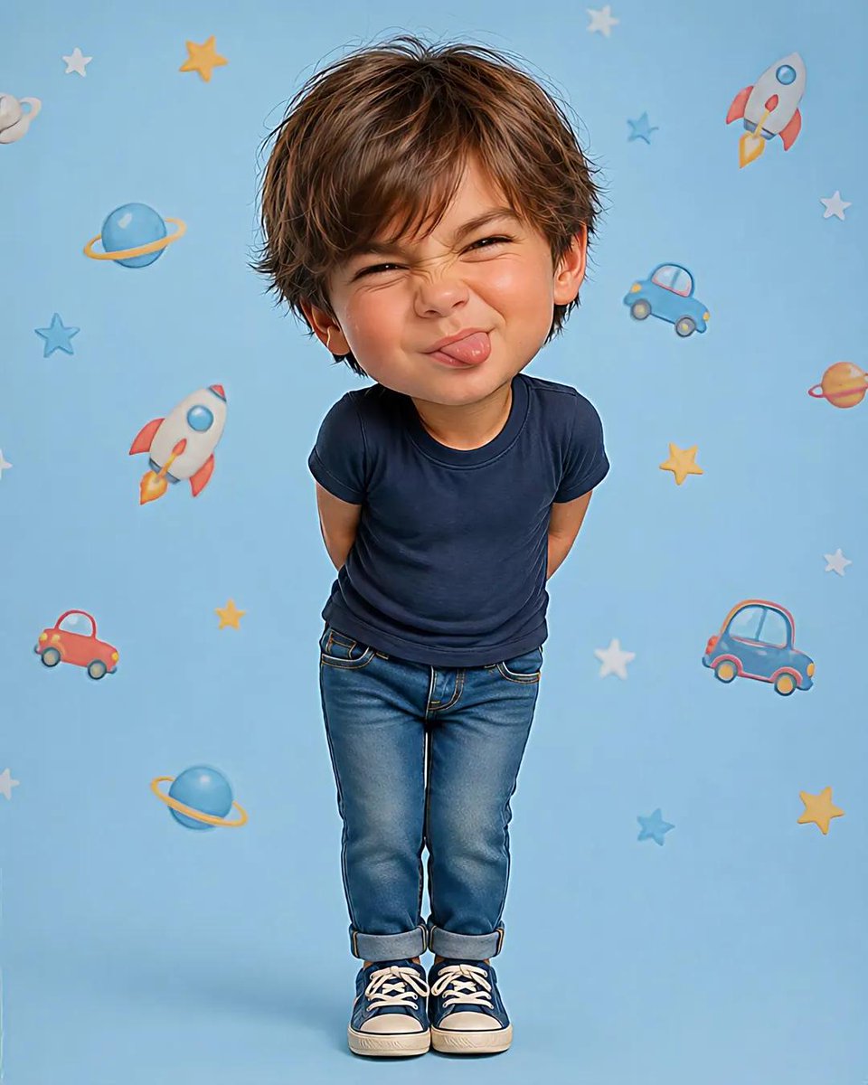 A cute stylized cartoon boy with an oversized head and small body, standing with hands behind his back, leaning slightl…