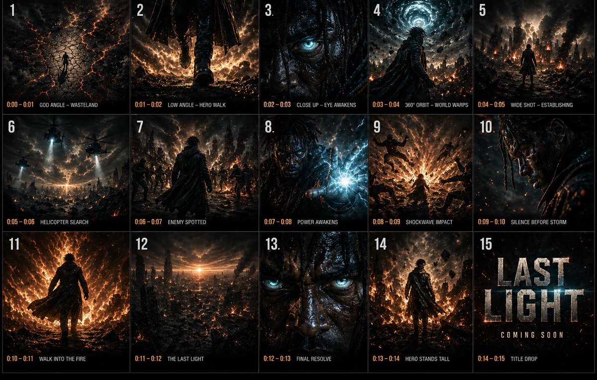 create a 3x3 grid storyboard showing a cinematic sequence of [your chosen subject] set the location on the street and n…