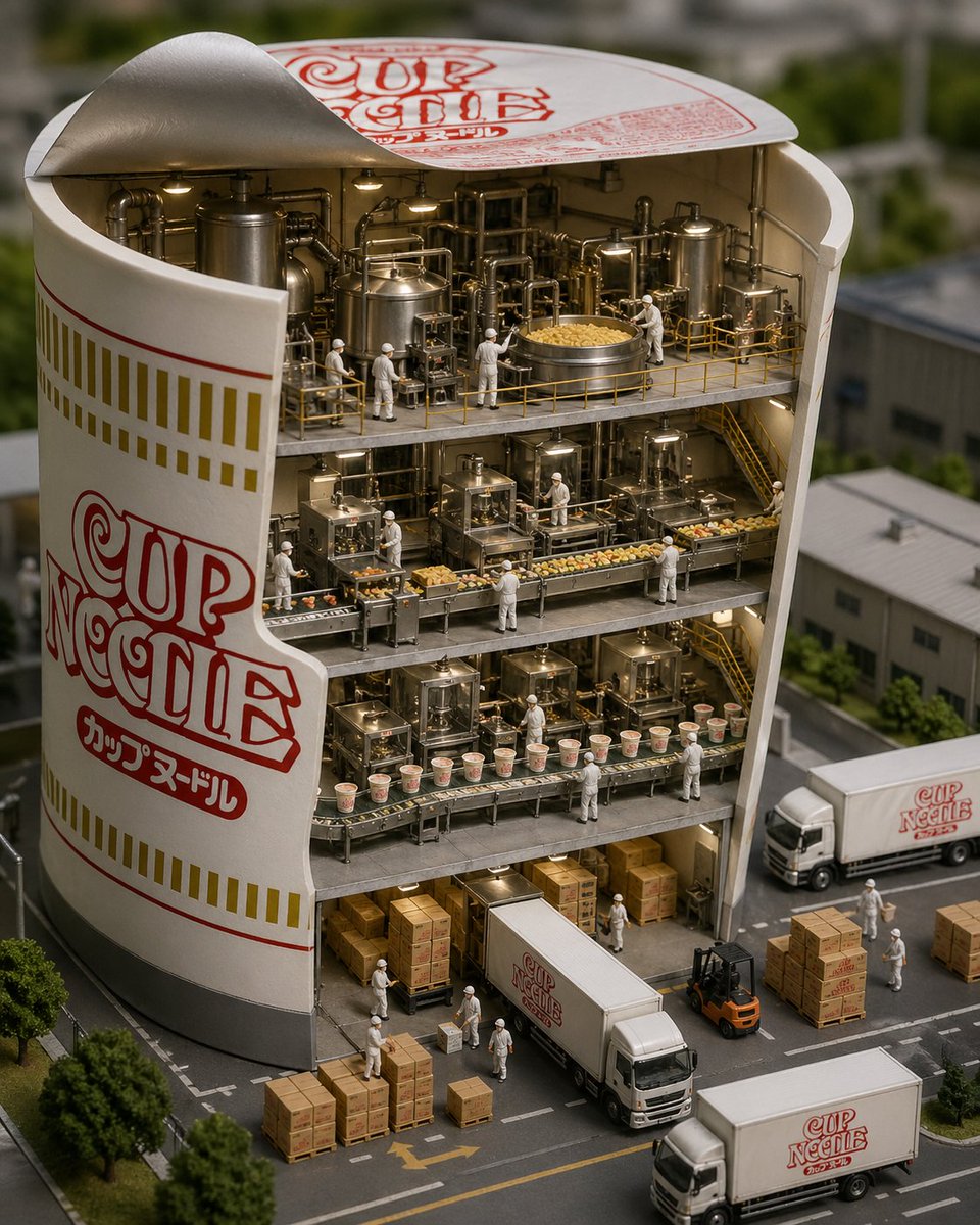 A precise diorama showing a cross-section of a {argument name="product" default="giant Cup Noodle container"}. Inside, …