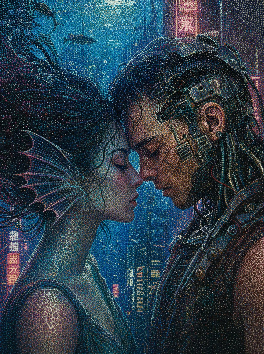 A vertical close-up digital illustration of two women in profile leaning in for an intimate near-kiss in a futuristic n…