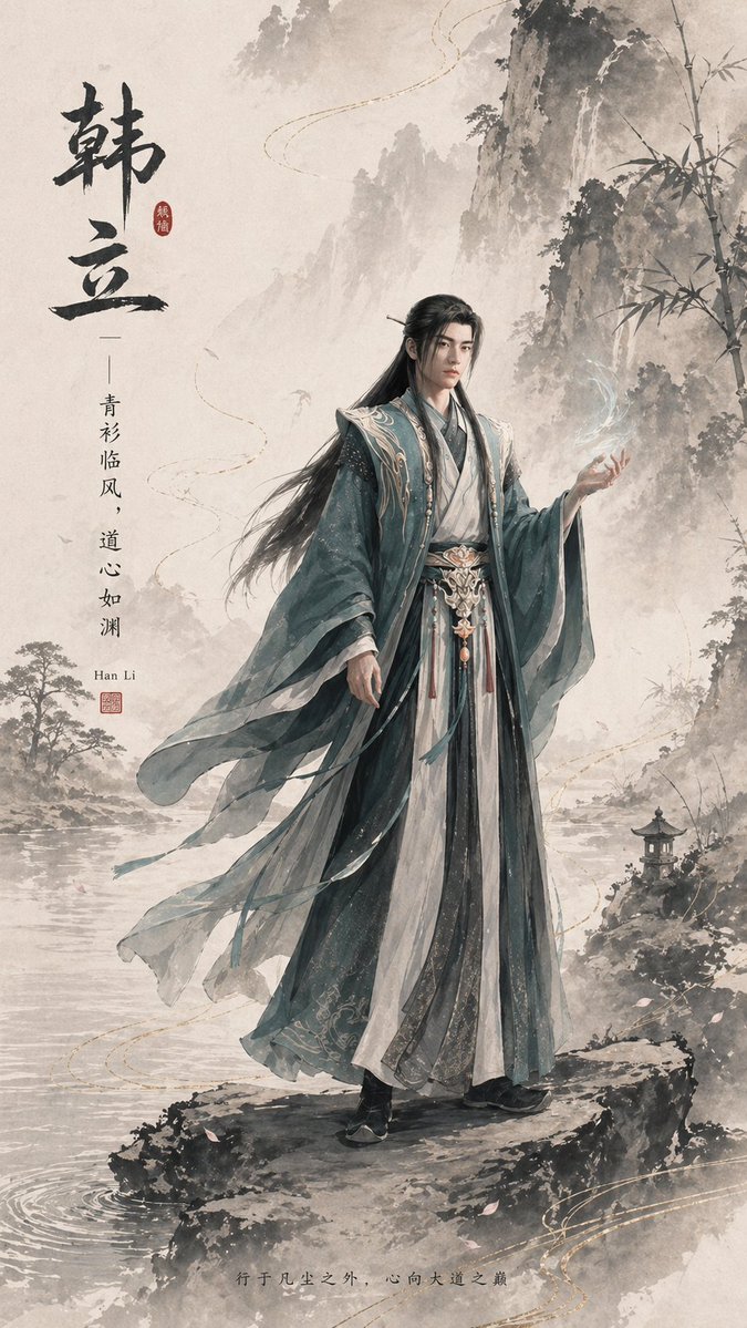 A vertical new-Chinese-style fantasy character poster on textured xuan paper, rendered in elegant monochrome ink-wash w…