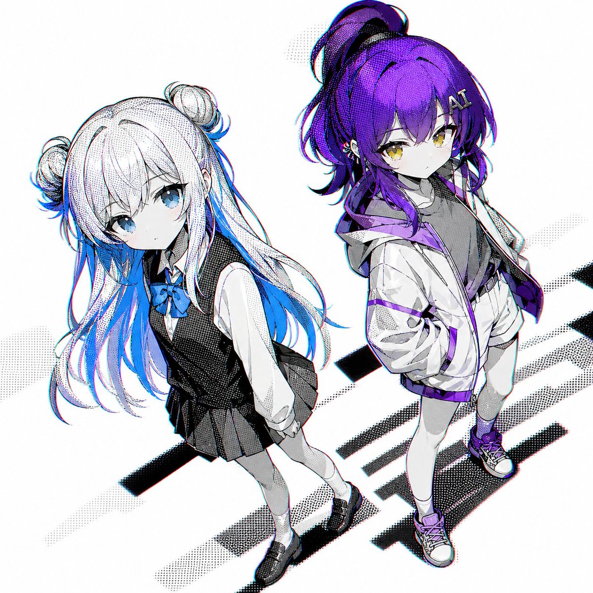 A clean white-background anime illustration of two teenage girls standing side by side, shown from a slightly elevated …