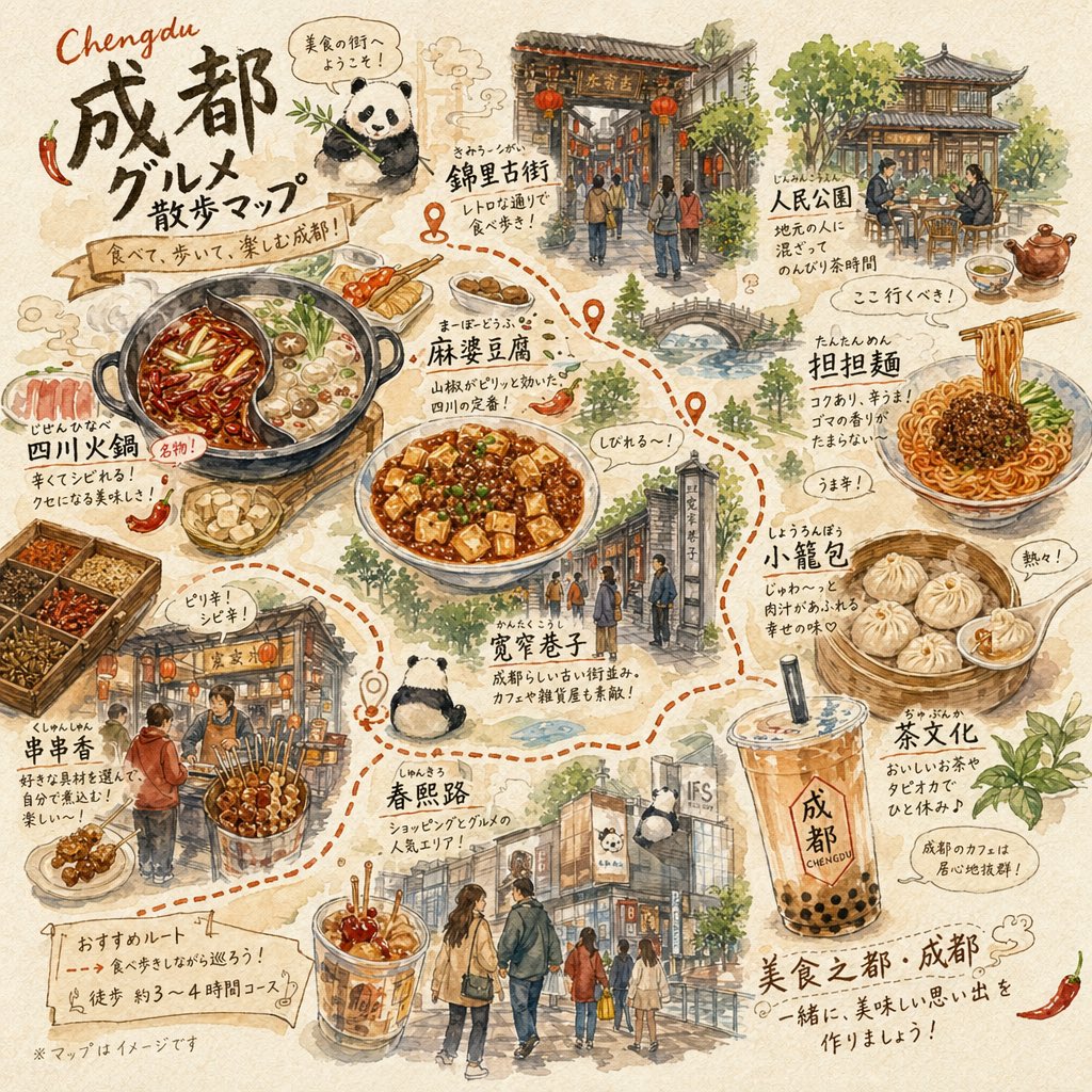 A warm hand-drawn travel food poster in a Japanese watercolor sketchbook style, showing a walking gourmet map of {argum…