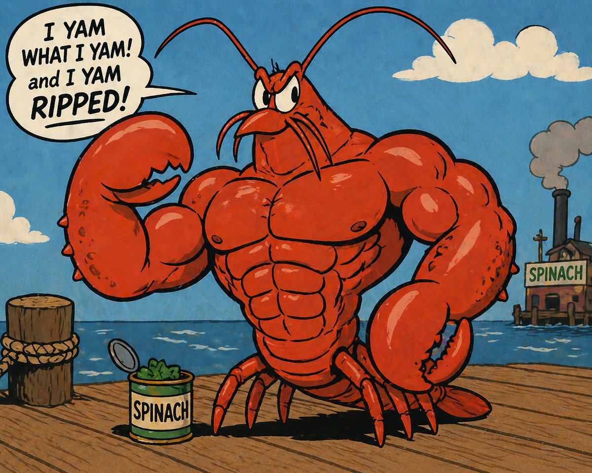 A vintage single-panel comic illustration in a mid-century newspaper-cartoon style, showing an anthropomorphic red lobs…