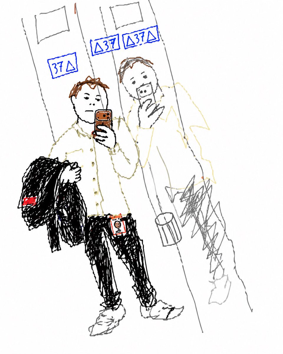 Using the provided reference image, recreate the same mirror selfie composition as a very rough childlike doodle/sketch…