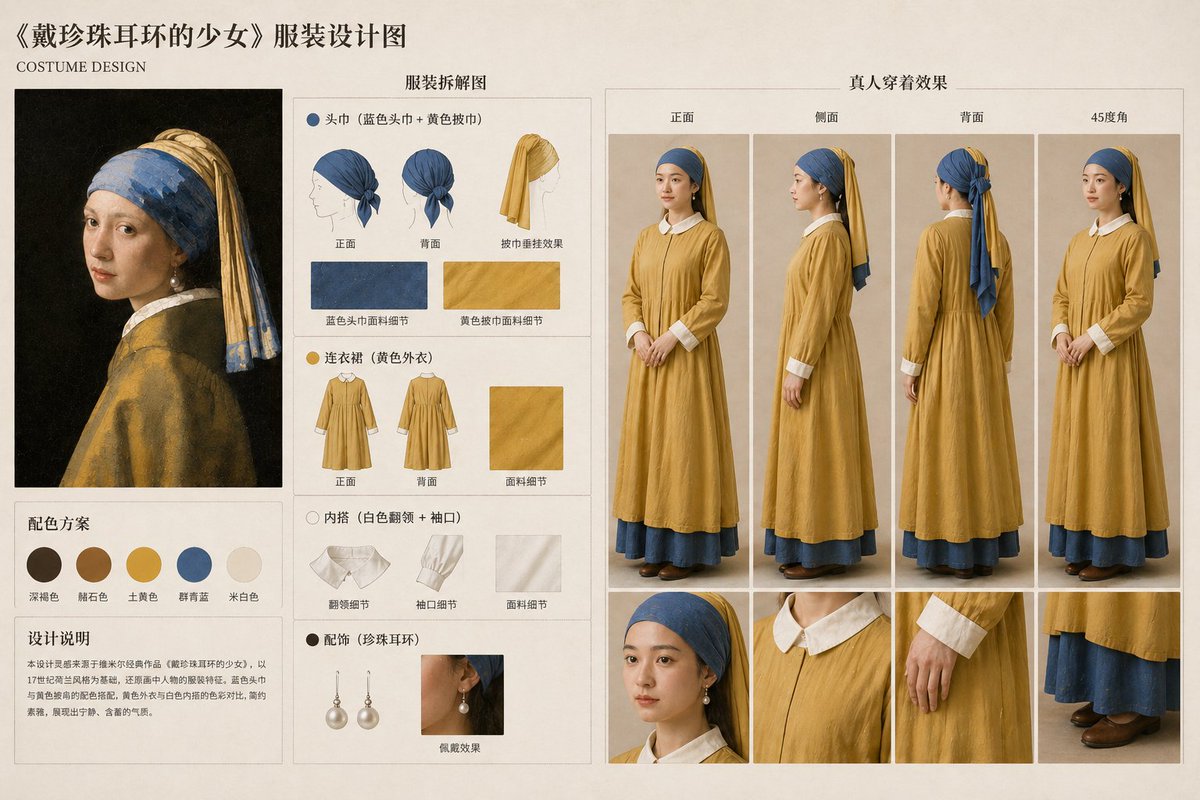 Deconstruct the outfit of the core character in the image and generate a fashion design drawing. Include the garment st…