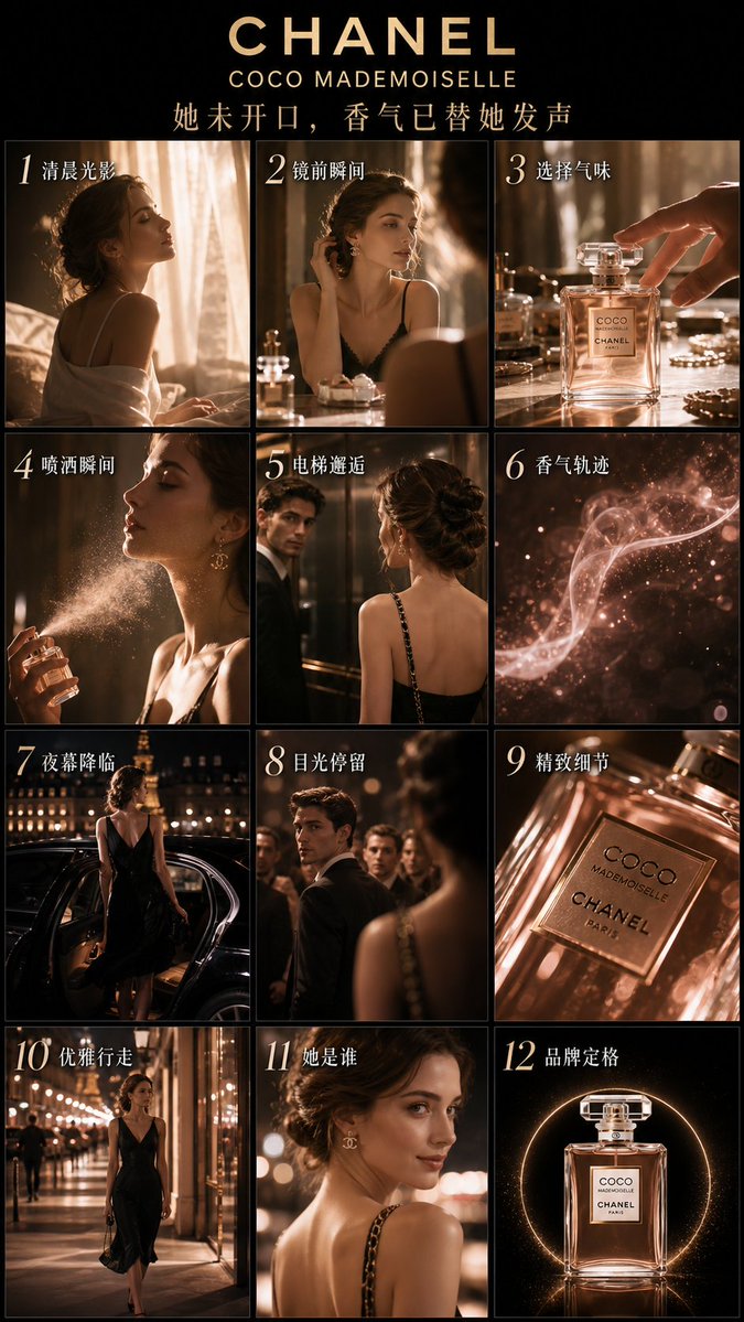 Generate a high-end perfume commercial storyboard poster, vertical 9:16, with 12 grids (3 columns and 4 rows), cinemati…