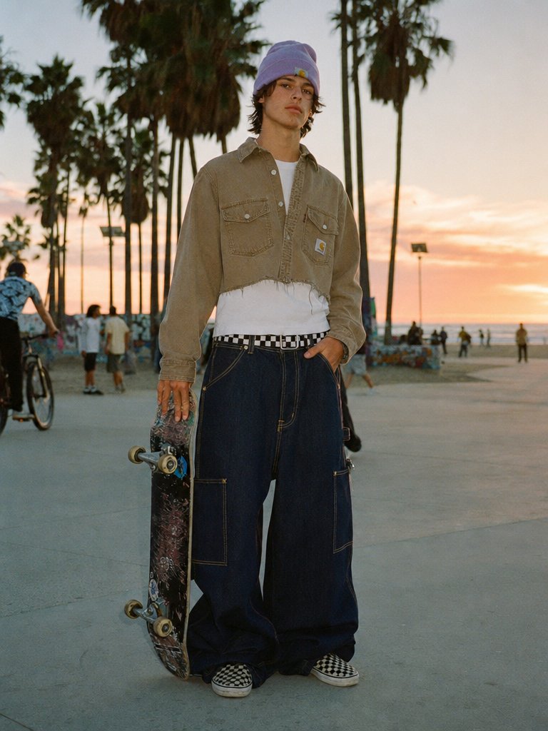 A full-body street fashion photo of a young skater standing on a concrete beachside boardwalk at sunset, with tall palm…