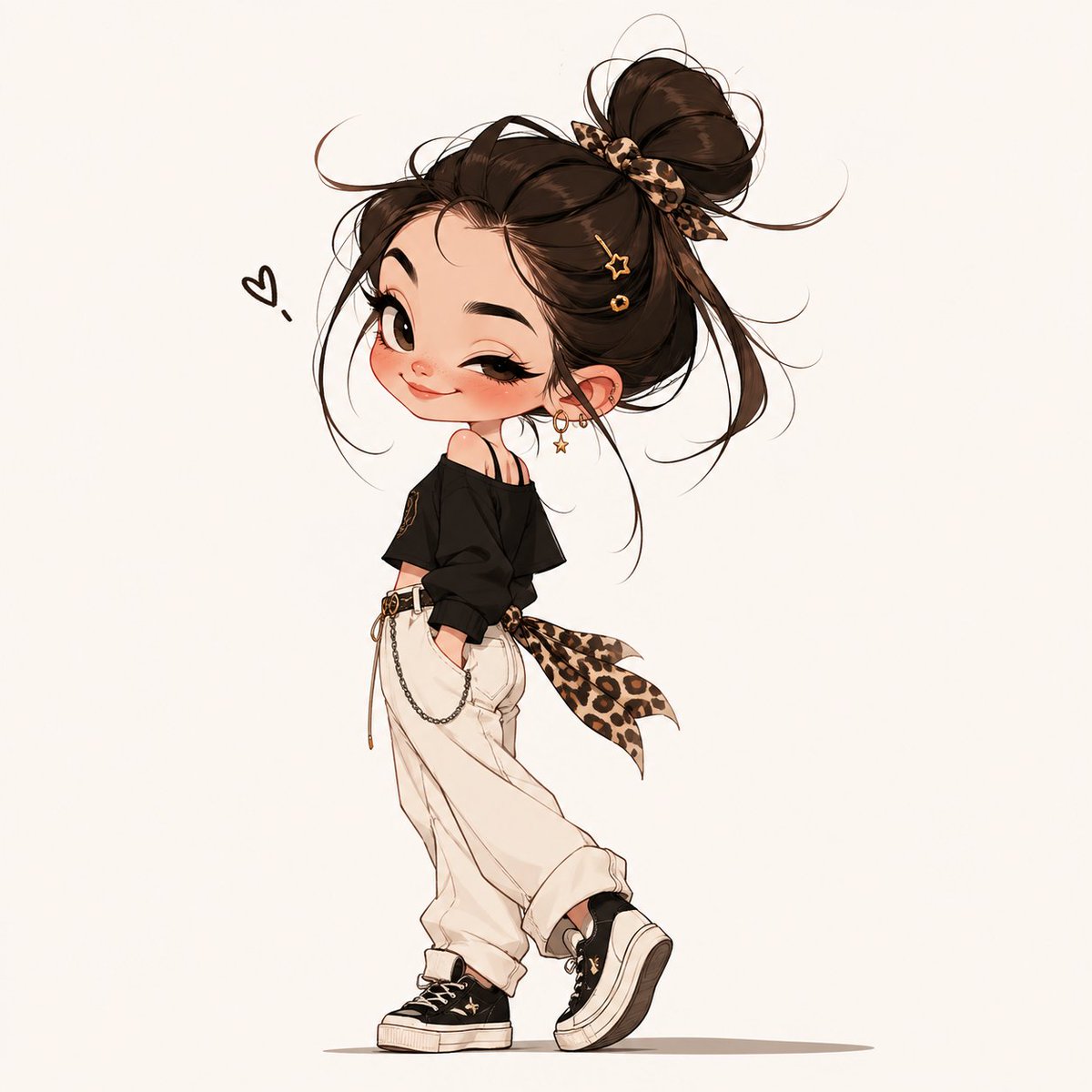 A full-body cute chibi fashion illustration of a stylish young woman standing in a playful over-the-shoulder pose on a …