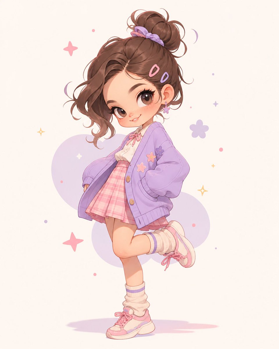 A full-body pastel anime illustration of a cute teenage girl standing in a playful one-leg-raised pose against a clean …
