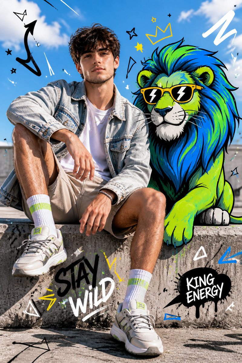 Full-body fashion editorial shot of a confident young person model sitting casually on a concrete ledge, legs slightly …