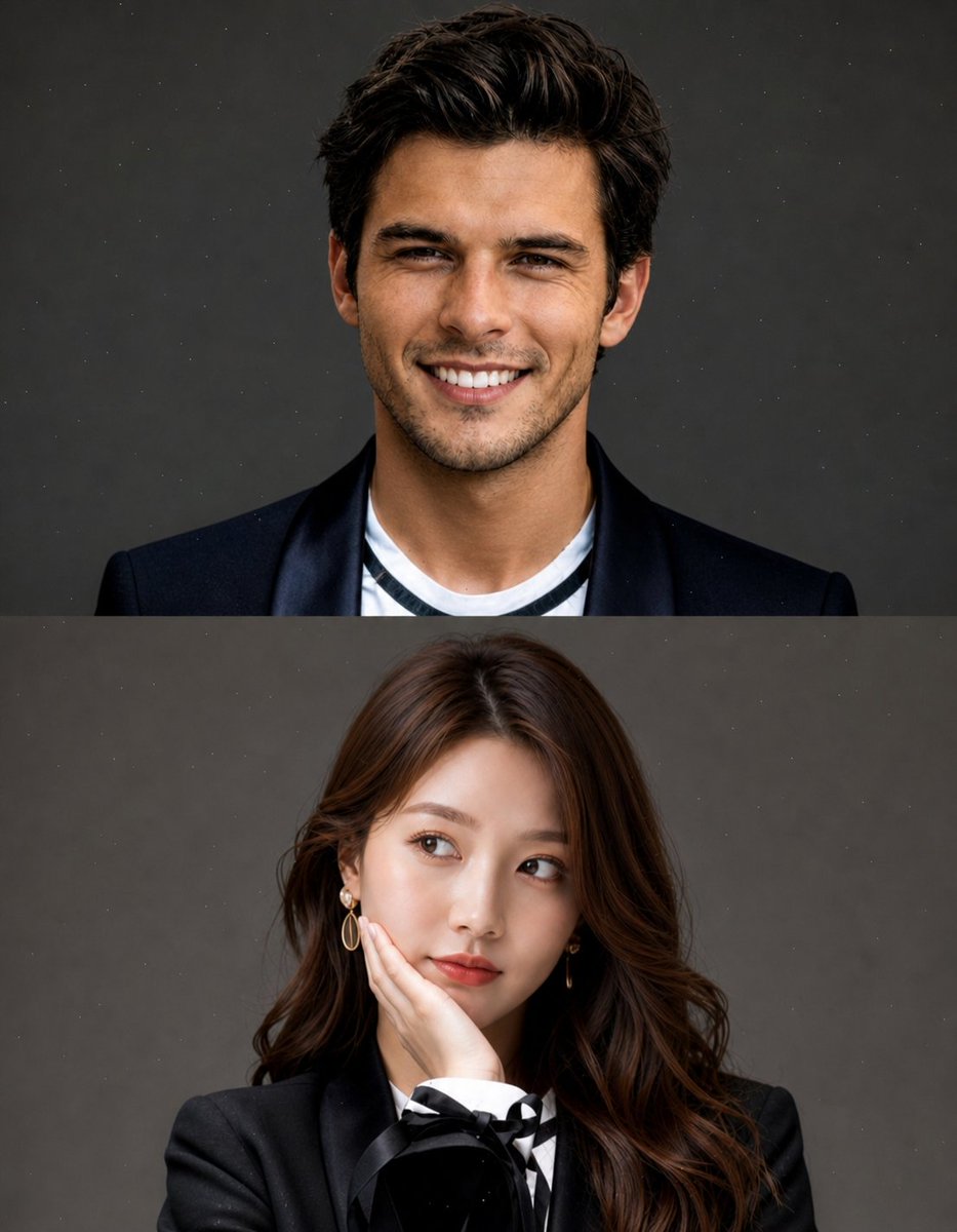 Create a high-quality, studio-style split portrait composition with two stacked sections (top and bottom). Layout: Vert…