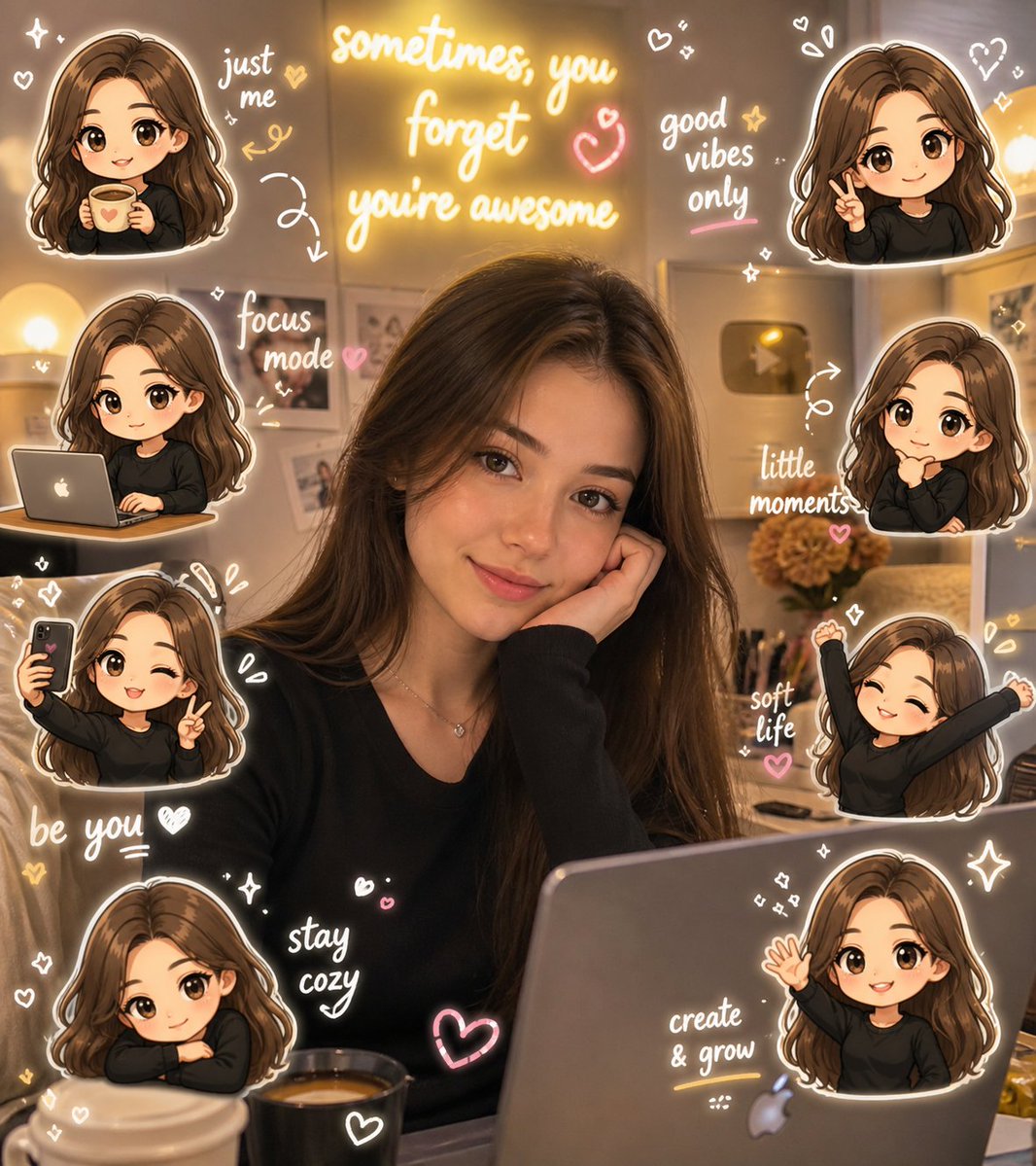 Chibi Avatar Scrapbook Photo Prompt (Based on Uploaded Female Portrait) Use the uploaded image of a young woman as the …