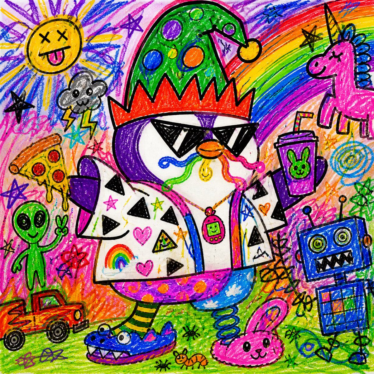 Redraw this like a 6-year-old who was given unlimited creative freedom and no guidance. Bright chaotic colors, weird pr…