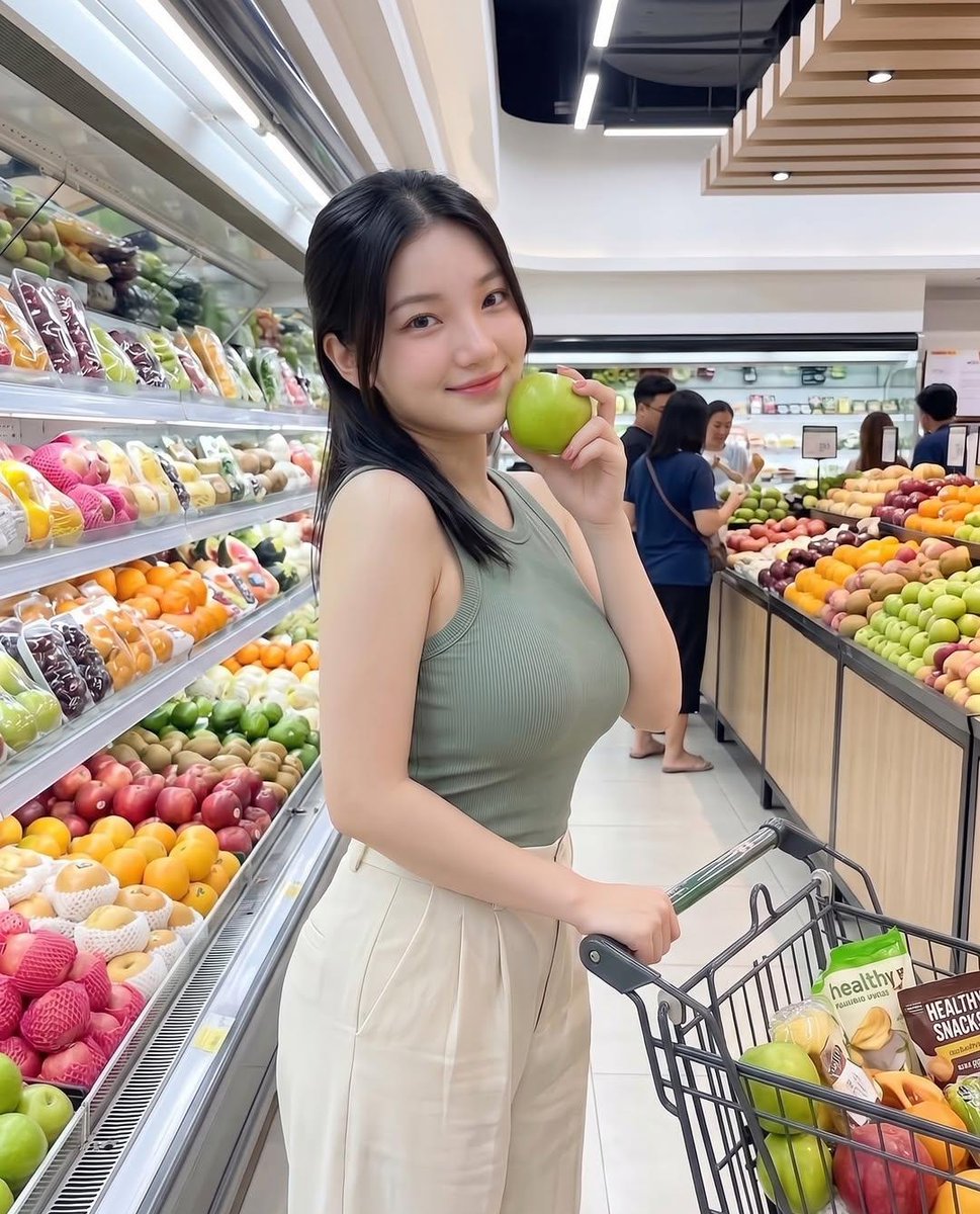 A young woman shopping in a modern grocery store produce section, {argument name="action" default="holding a green appl…