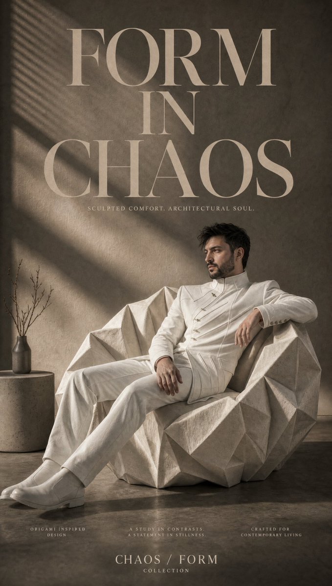 Architectural Photography. Luxury furniture editorial poster, crumpled paper origami armchair centered in dramatic chia…