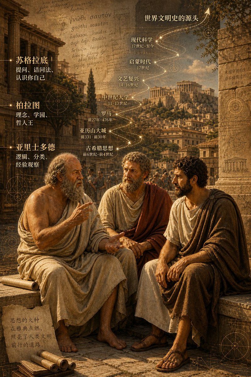 {argument name="figures" default="Two thousand five hundred years ago, Plato, Socrates, and Aristotle"}, sitting and ch…