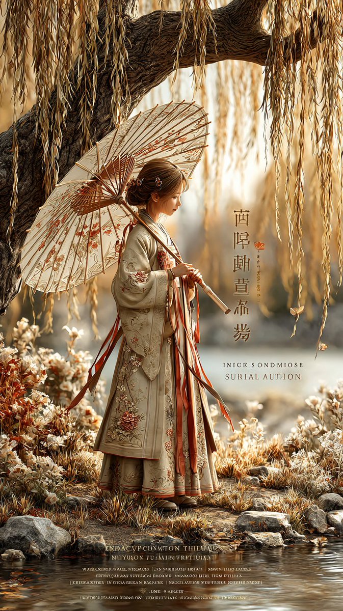 Create a vertical cinematic fantasy fashion poster in an elegant historical East Asian aesthetic: a young woman, {argum…