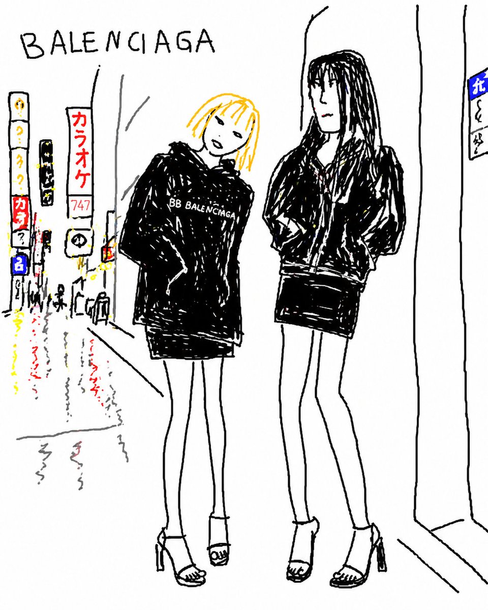 Create a loose, hand-drawn fashion street sketch in a naive black-ink marker style on a white background, showing exact…