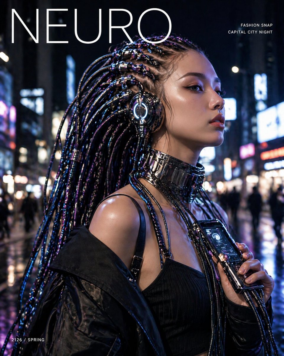 Create a high-fashion cyberpunk magazine cover featuring a close-up street-style portrait of a young woman at night in …