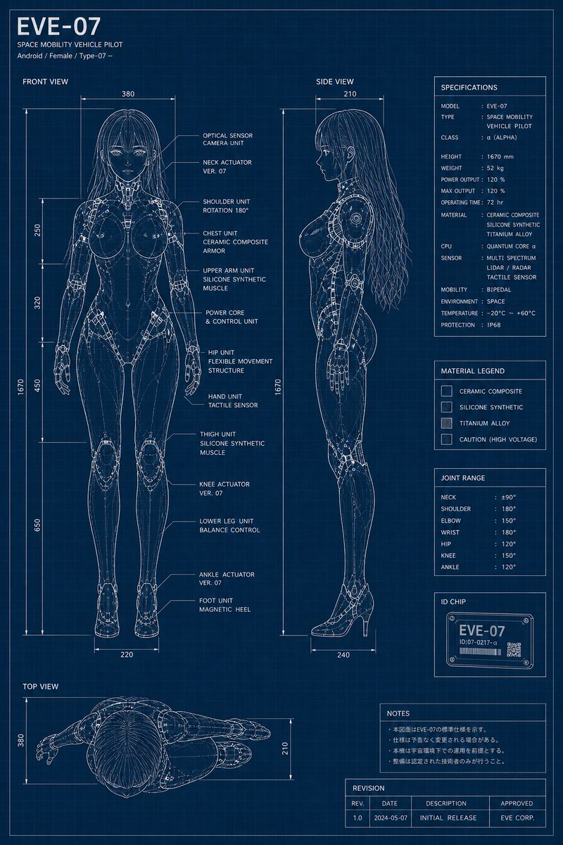 {"type":"technical blueprint character design sheet","style":"dark navy engineering blueprint with fine cyan grid, thin…