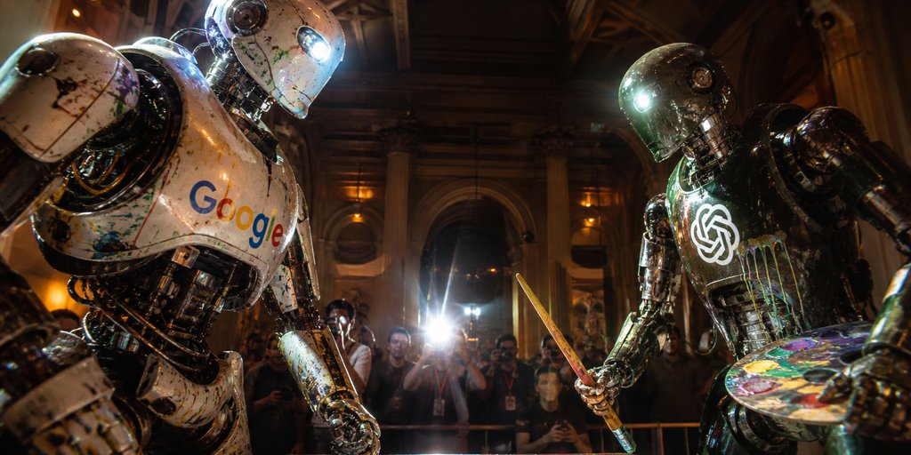 Create a cinematic ultra-realistic wide-angle photo of two giant humanoid painting robots facing off in an ornate, diml…