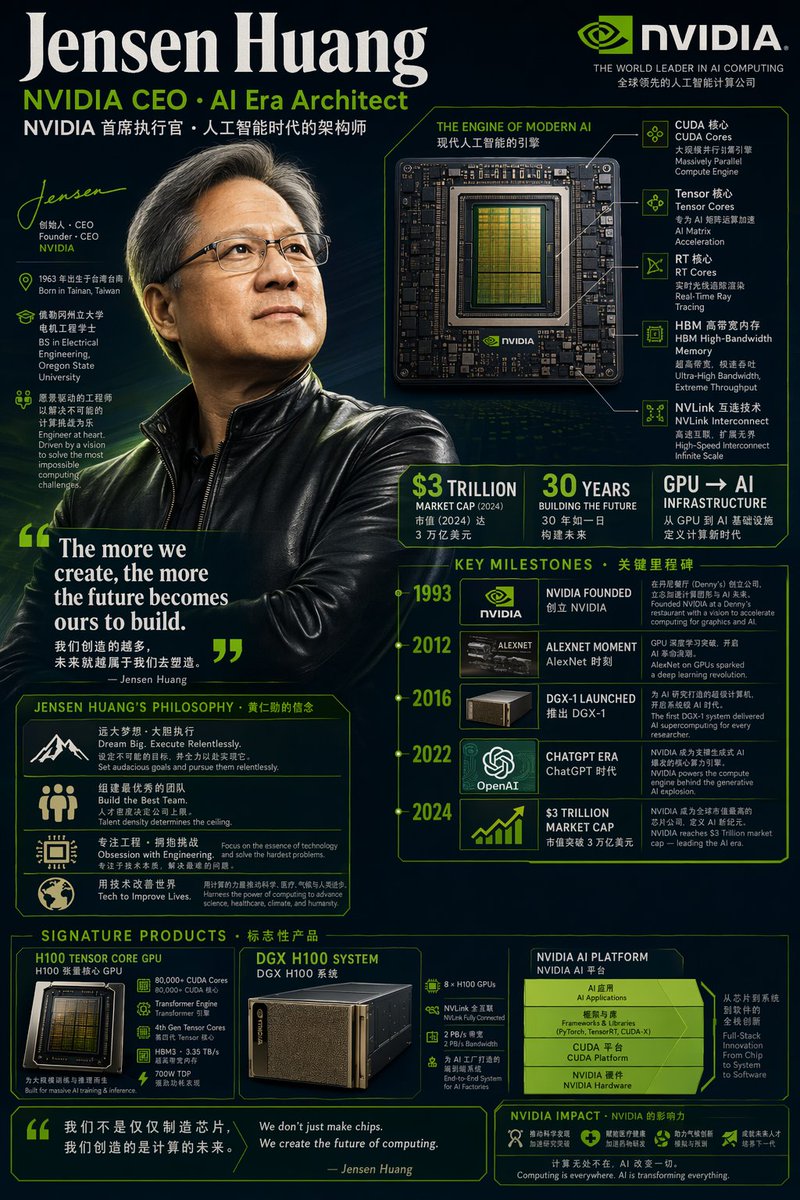 Create a 9:16 infographic of {argument name="person name" default="Jensen Huang"}. Photorealistic portrait + career tim…