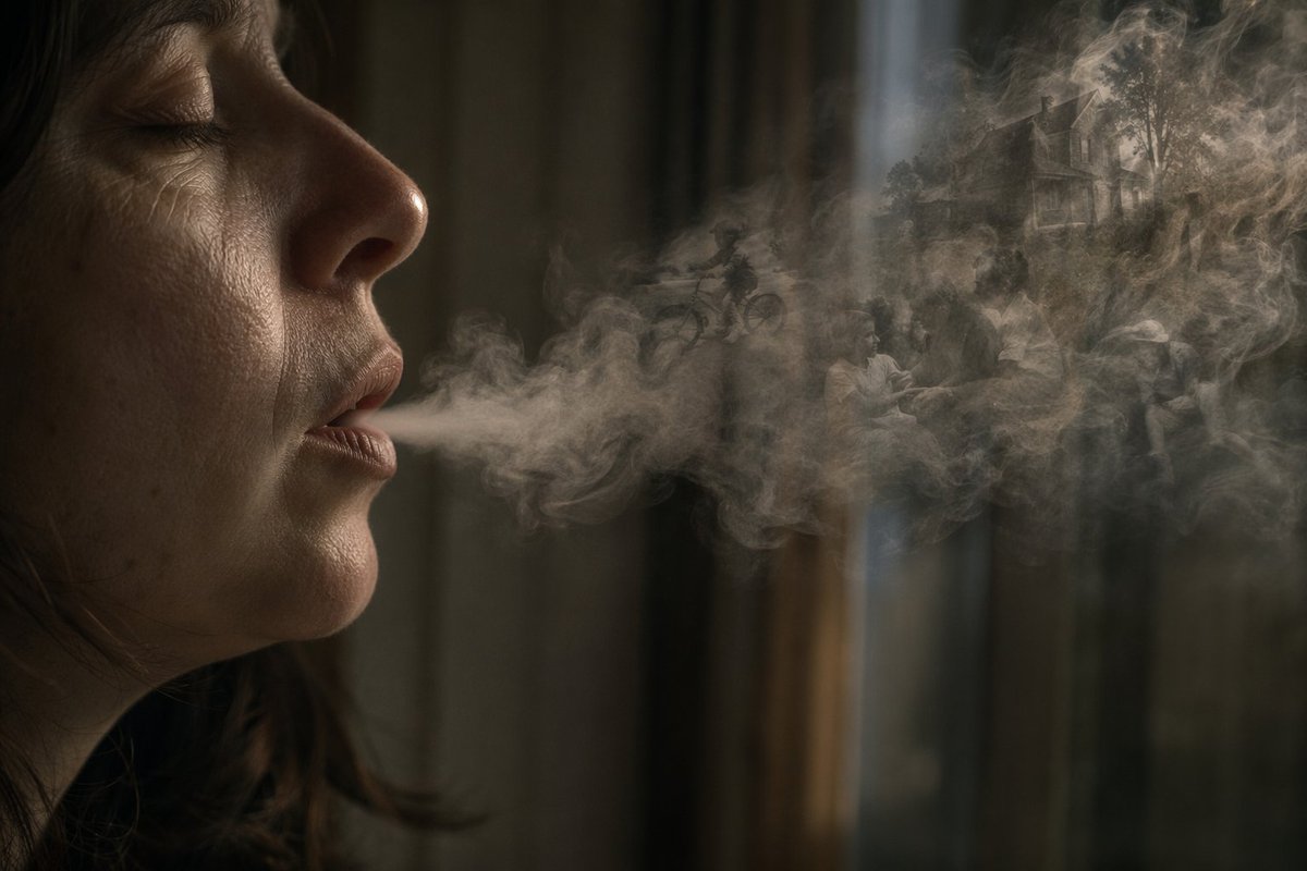 Create a dark, cinematic surreal photo-illustration of a person in left profile, mostly hidden in shadow, exhaling a lo…
