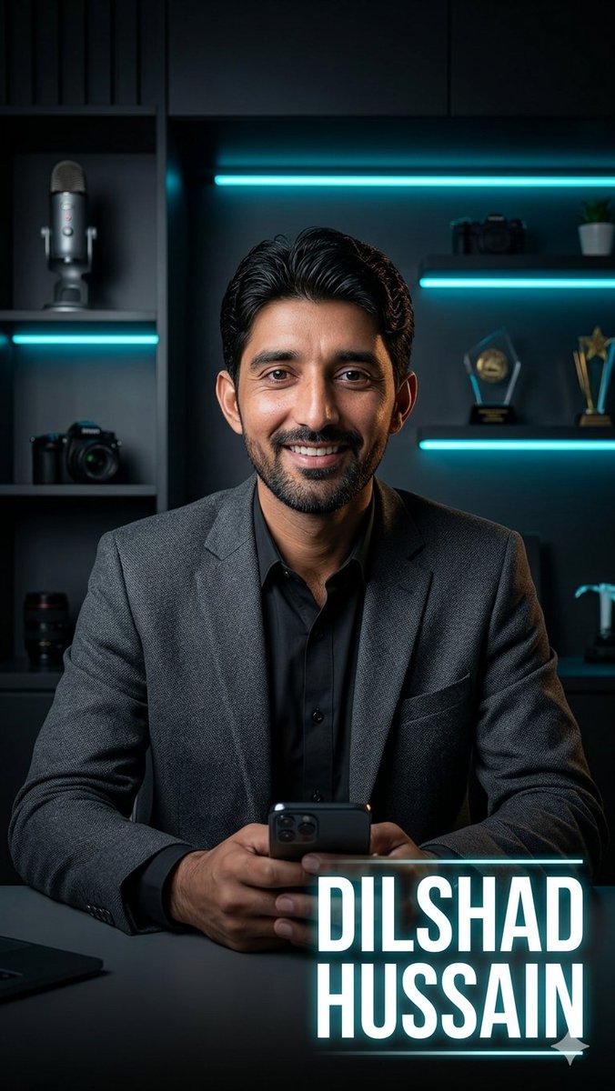 Create a cinematic vertical portrait of a confident male tech entrepreneur seated at a dark desk in a modern studio off…