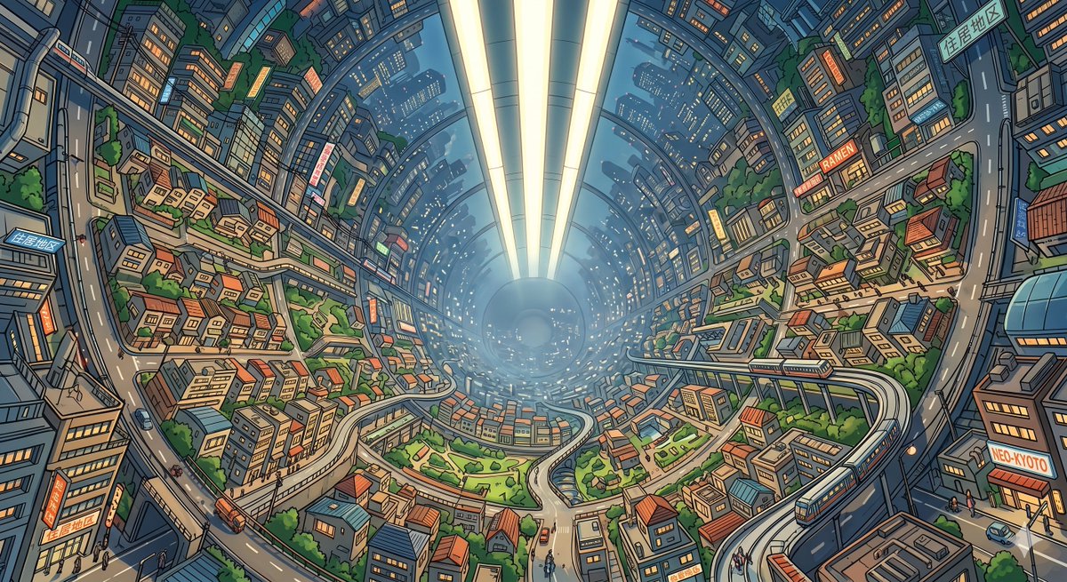 Create a highly detailed wide-angle anime sci-fi cityscape inside a completely enclosed {argument name="space habitat t…