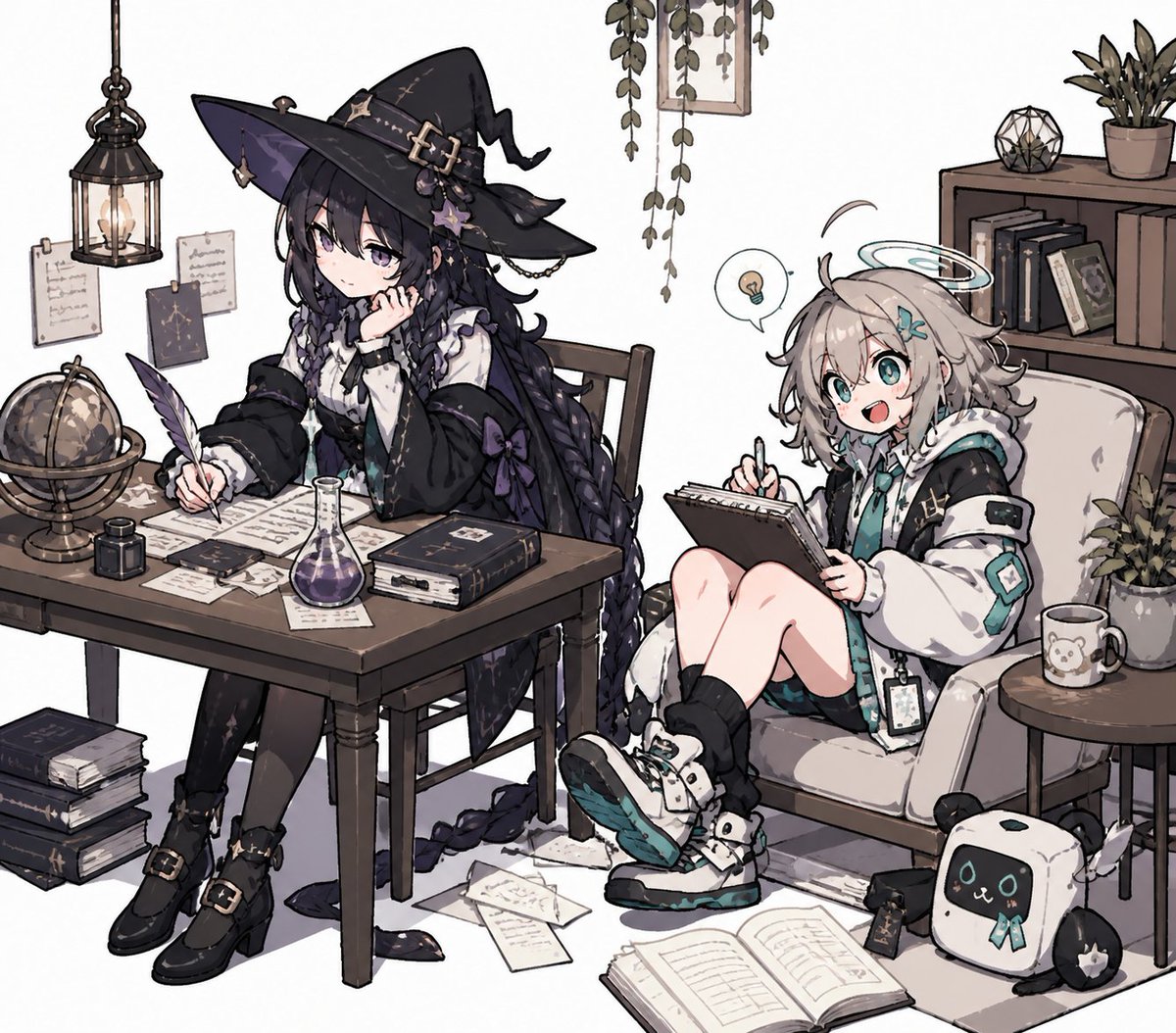 Create a detailed cozy anime illustration of exactly 2 cute fantasy girls studying in a bright white-background room, r…