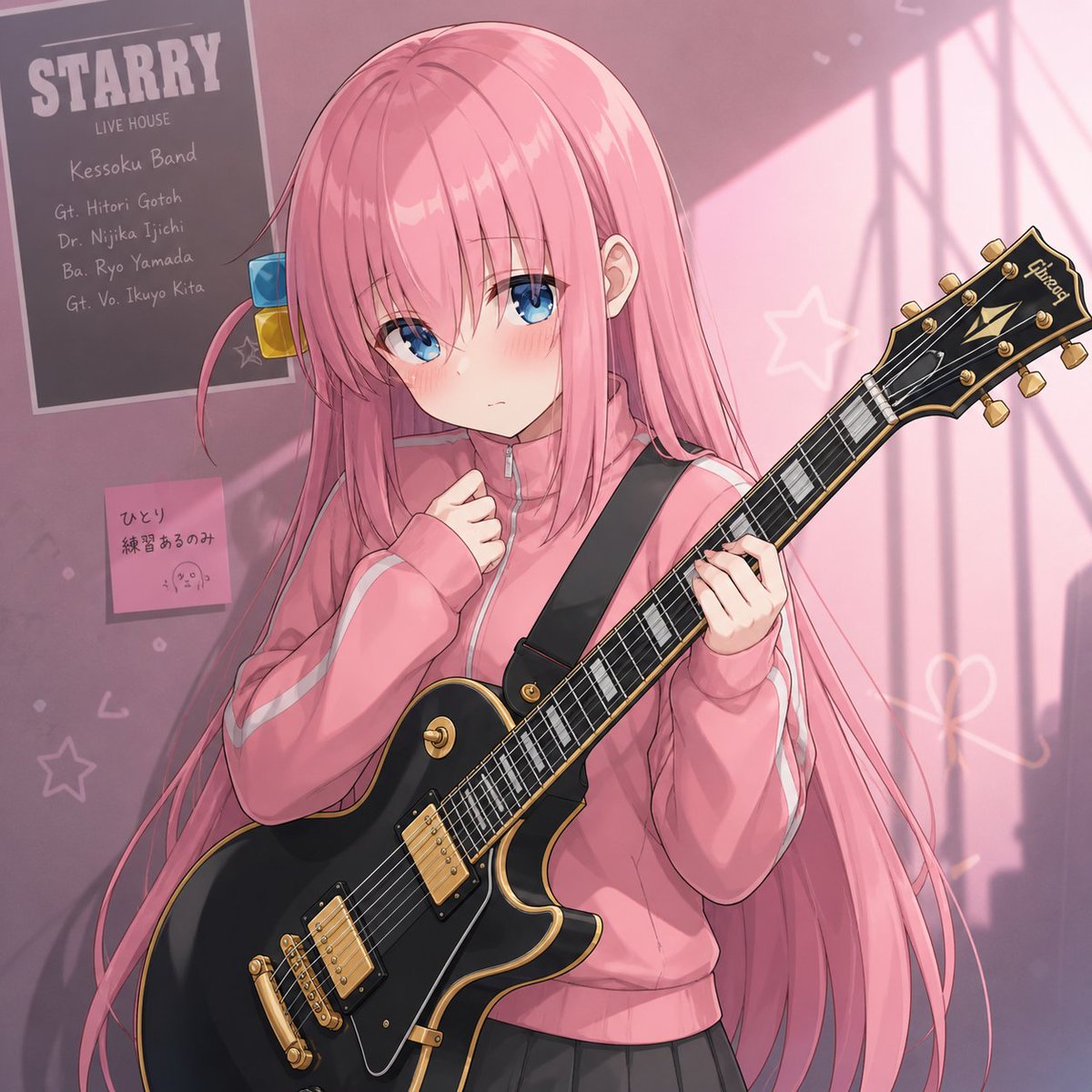 Create a polished anime-style square illustration of {argument name="character name" default="Hitori Gotoh"}, a shy tee…