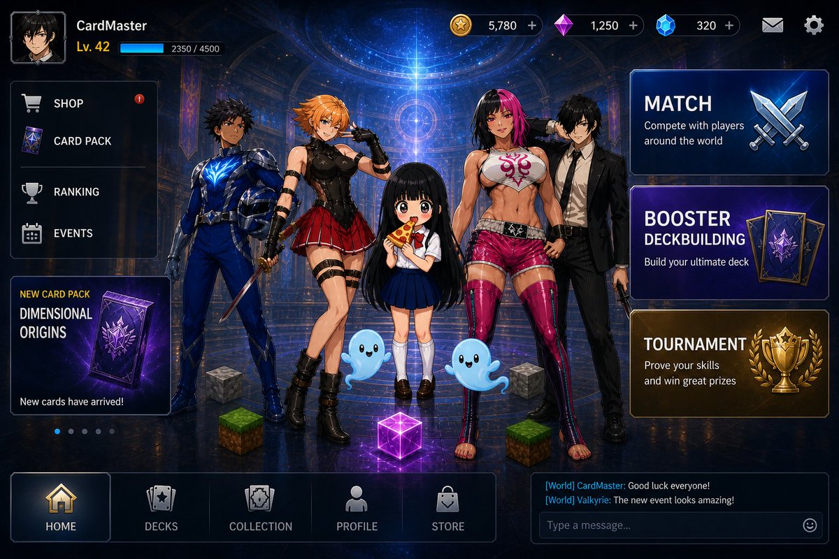 {"type":"high-fidelity anime fantasy card game home screen UI mockup","overall_style":"polished mobile game lobby scree…