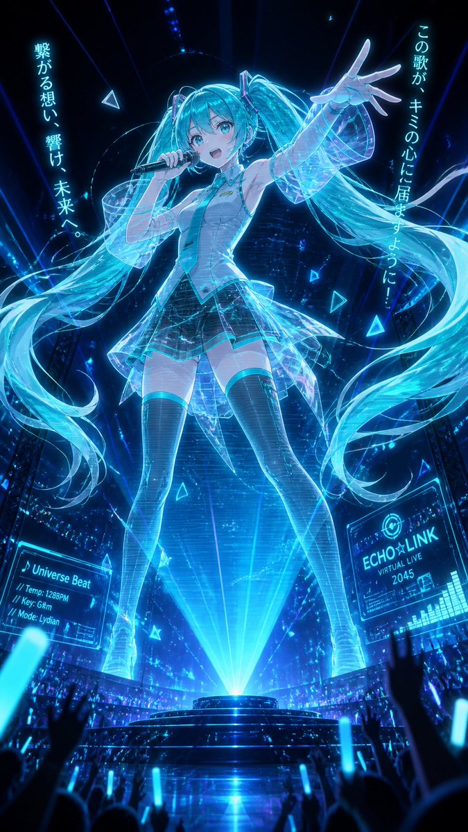 Create a vertical 9:16 cyberpunk anime concert poster of {argument name="character name" default="Hatsune Miku"} perfor…