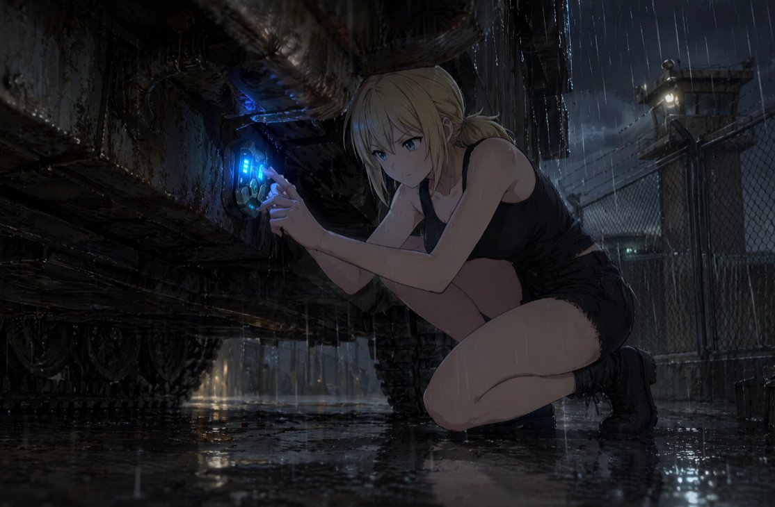 Create a cinematic dark sci-fi anime illustration of {argument name="character name" default="a young blonde woman"} cr…