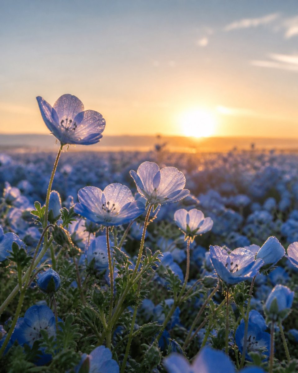 Create a vertical close-up photorealistic macro image of a vast {argument name="flower type" default="nemophila baby bl…