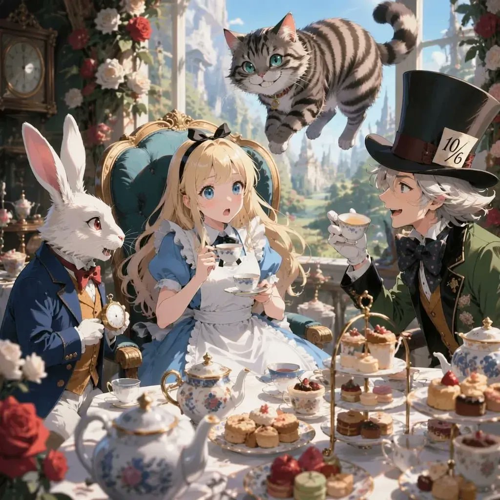 Create a richly detailed anime-style fantasy illustration of an Alice in Wonderland tea party in a sunlit Victorian gla…