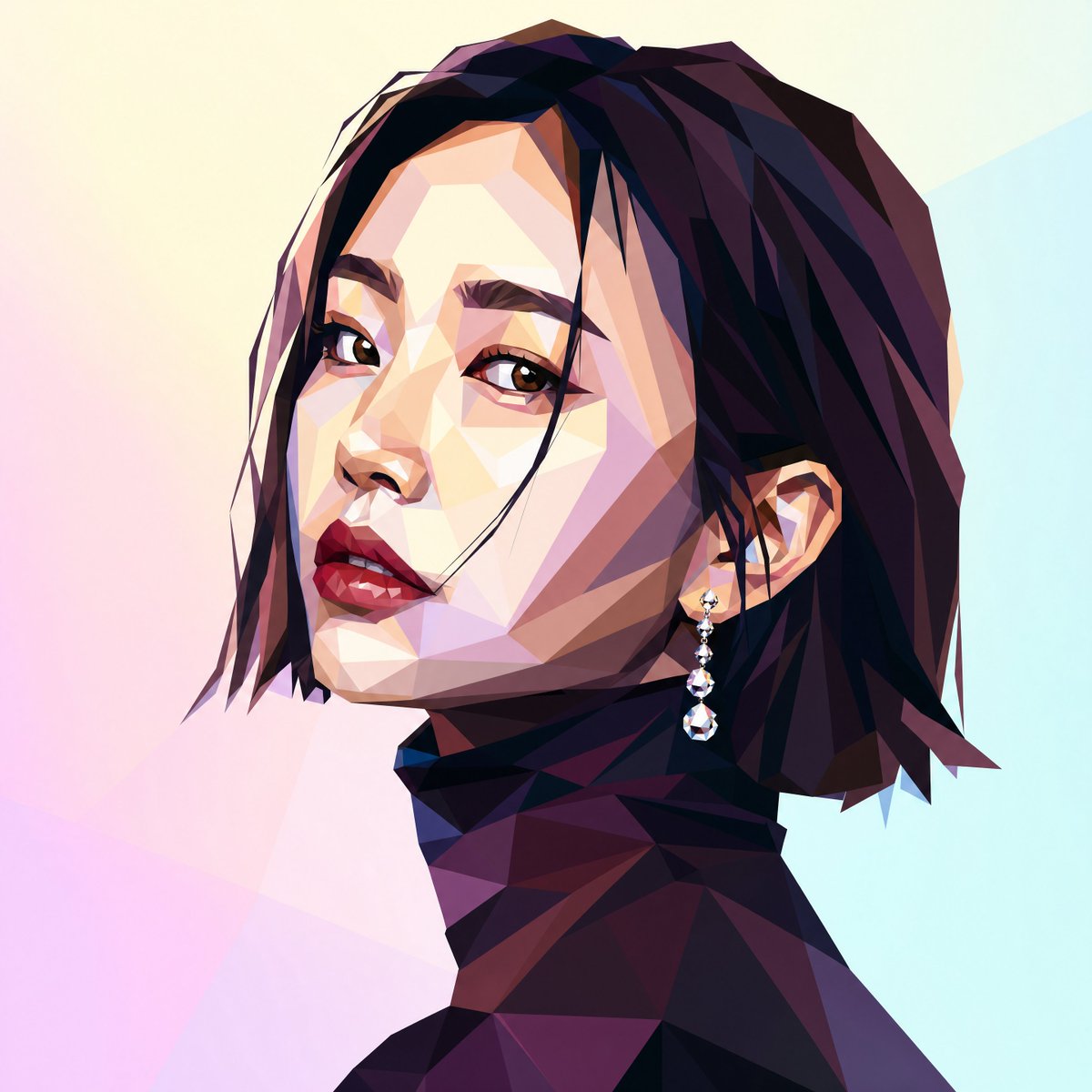 Create a square 1:1 digital illustration in a low-poly faceted geometric style: a close-up side-profile portrait of a f…