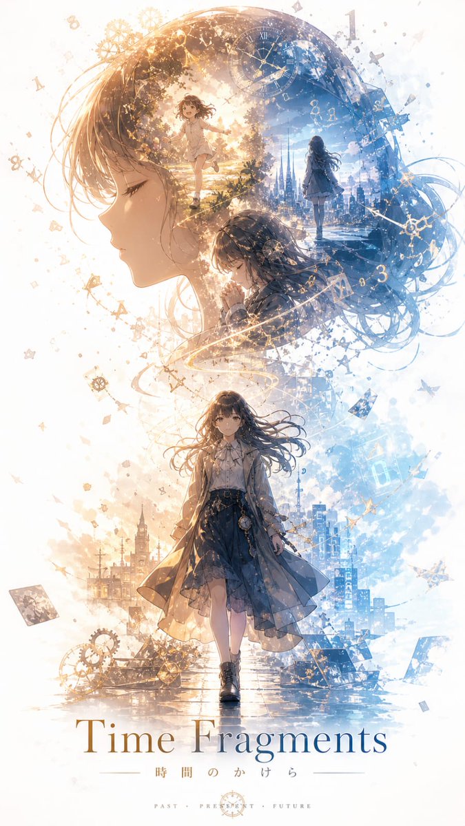 A cinematic anime-style character promotional poster titled “{argument name="title" default="Time Fragments"}”, designe…