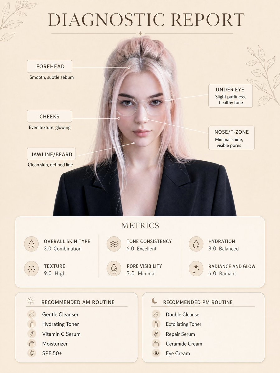 Create a clean, minimal skincare diagnostic report poster using my uploaded photo as the exact face reference, preservi…