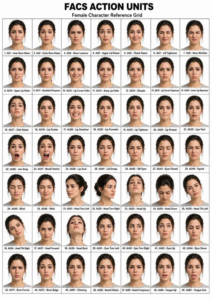 {"type":"photorealistic facial expression reference chart","title":"{argument name=\"headline text\" default=\"FACS ACT…