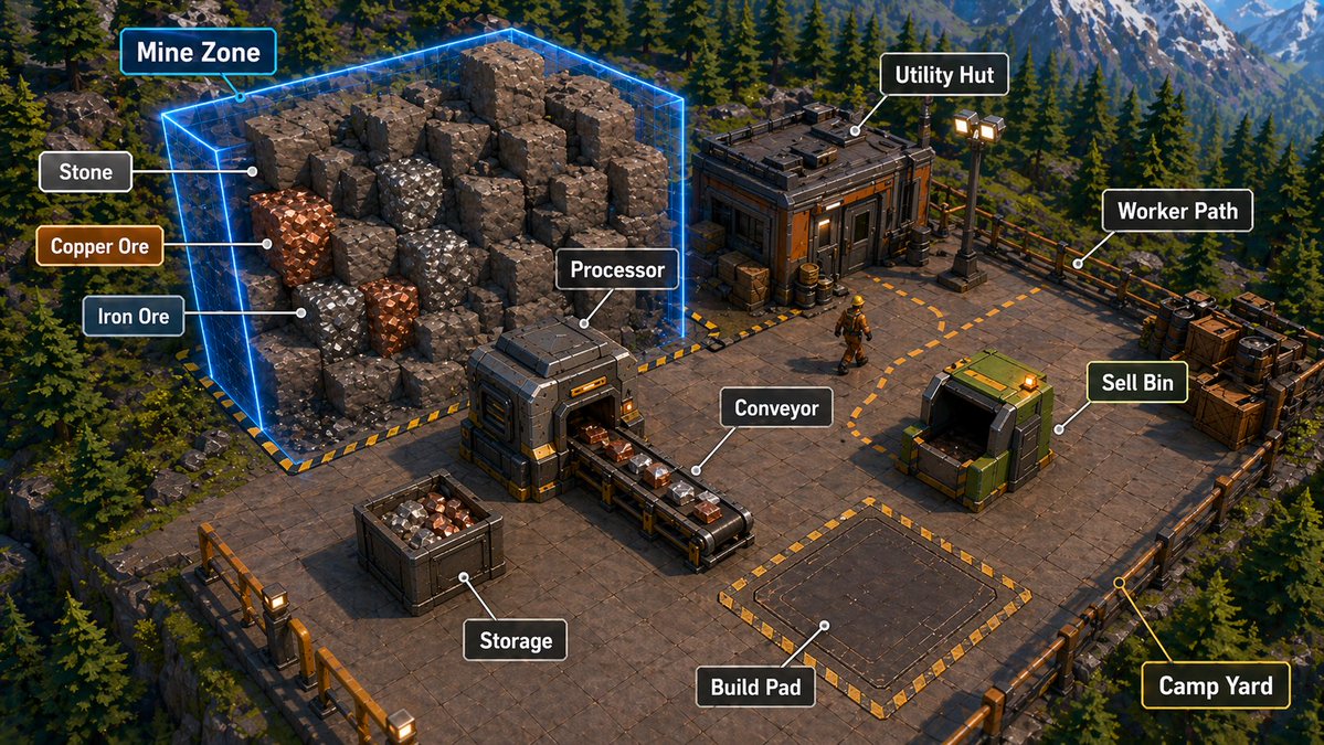 {"type":"isometric 3D game tutorial screenshot / annotated base-building infographic","scene":"A polished, high-detail …