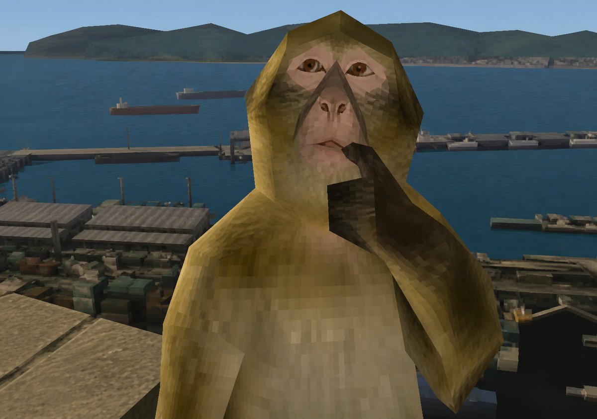 Create a low-resolution early-2000s 3D video game screenshot in a gritty open-world action game style, viewed from behi…